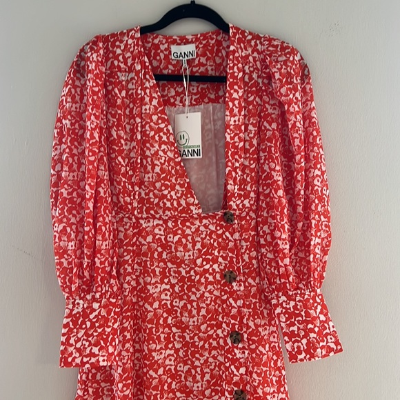 NWT GANNI Balloon-sleeve Floral-print Crepe Midi Dress - Picture 4 of 10